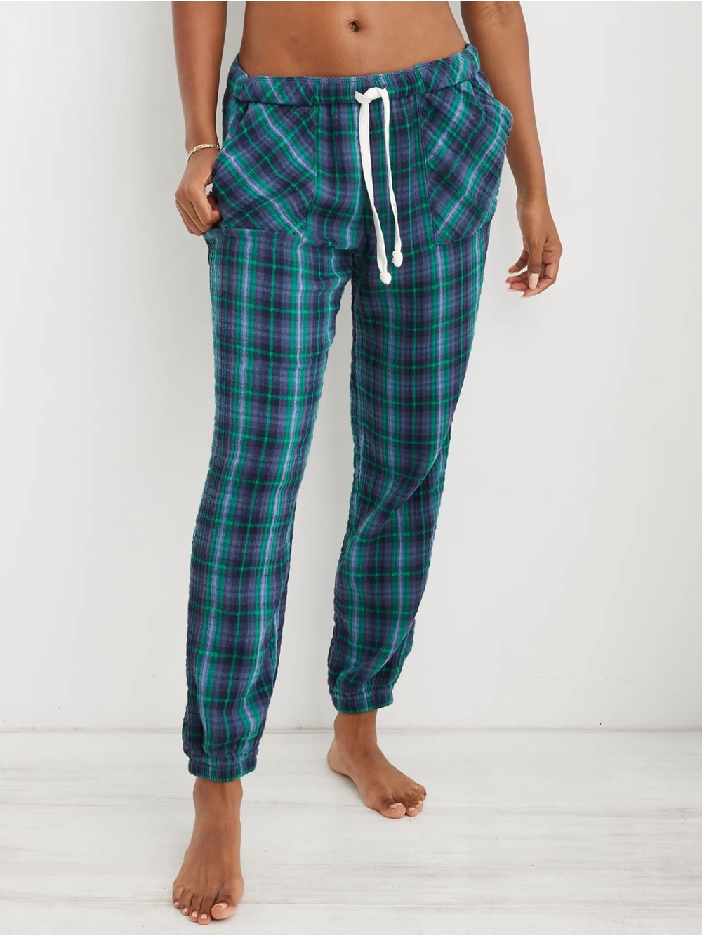 Aerie Green Blue Plaid Soft Gauze Pajama Joggers Medium